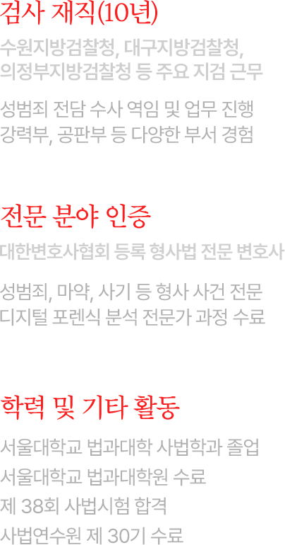 검사 재직 경력, 전문분야 인증, 학력 및 기타 활동 소개