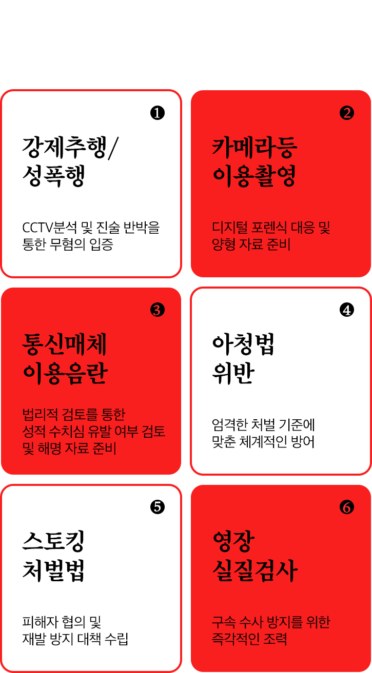 모바일 전문분야 소개 - 강제추행 / 성폭행, 카메라등 이용촬영, 통신매채 이용음란, 아청법 위반, 스토킹 처벌법, 영장 실질검사